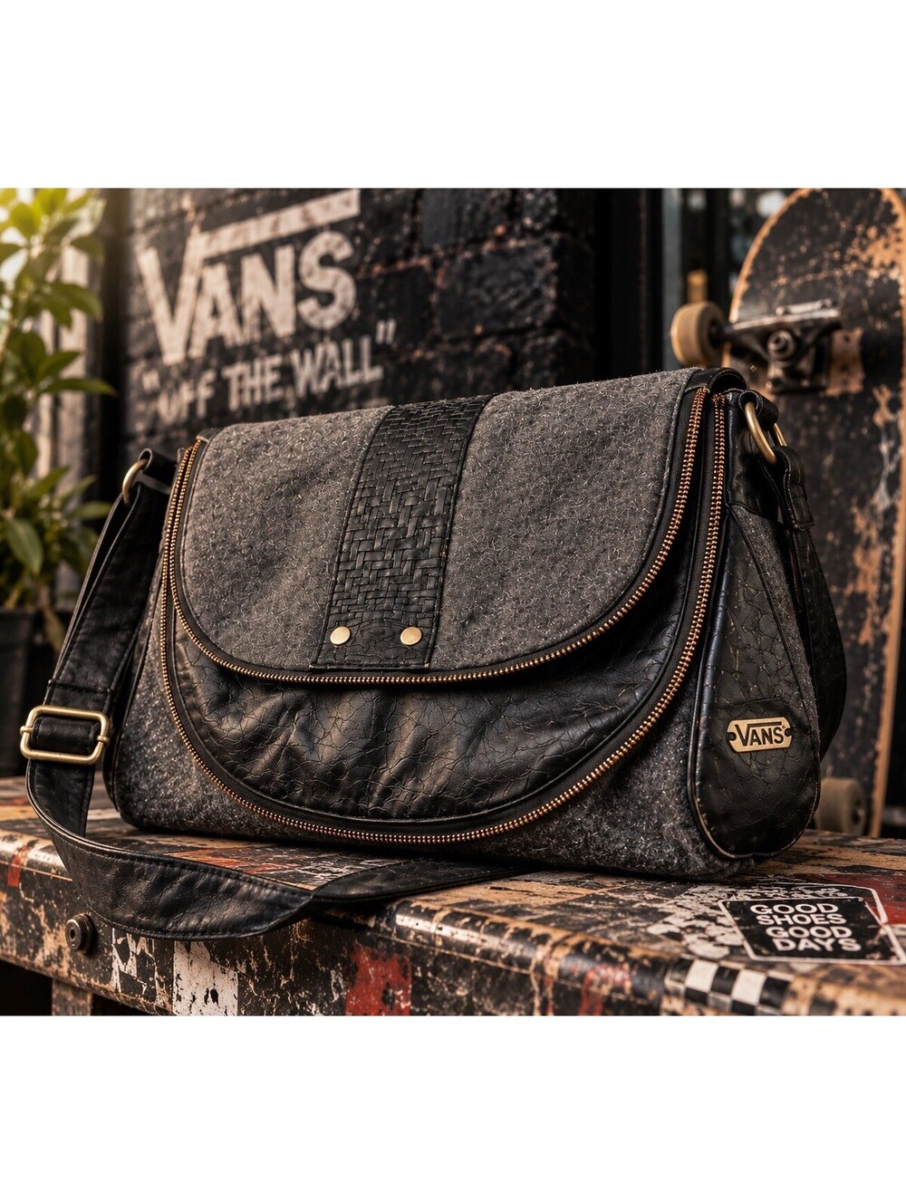 Vans Gray Black Messenger Bag Goth Emo Alt Y2K Shoulder Crossbody Satchel